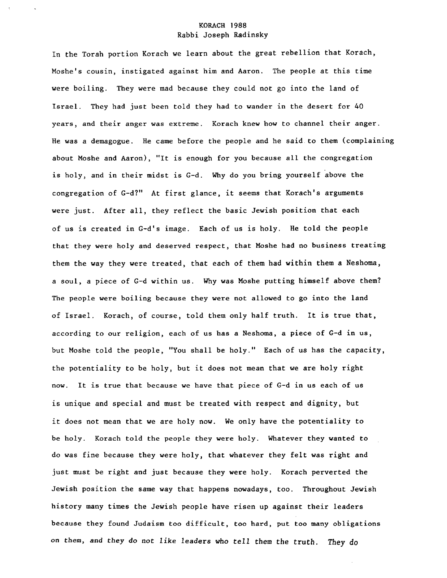 korach 1988
